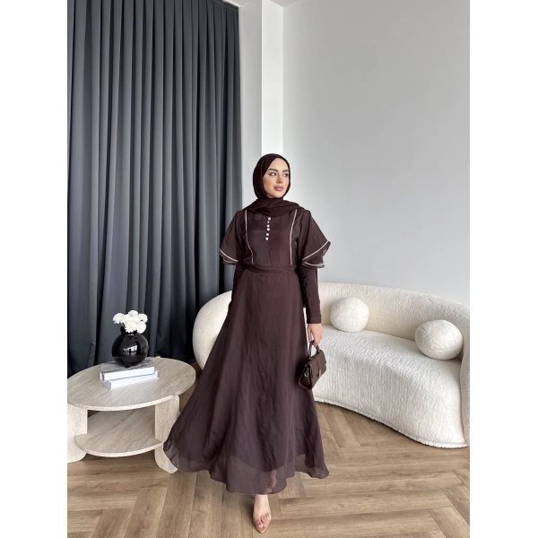 Fuş - Chic Nakış Detay Parlak Tensel Elbise - Kahve