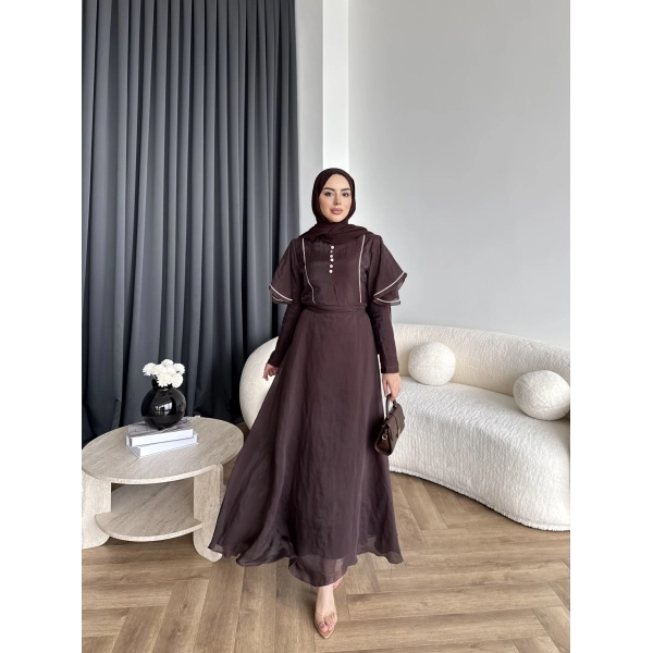 Fuş - Chic Nakış Detay Parlak Tensel Elbise - Kahve