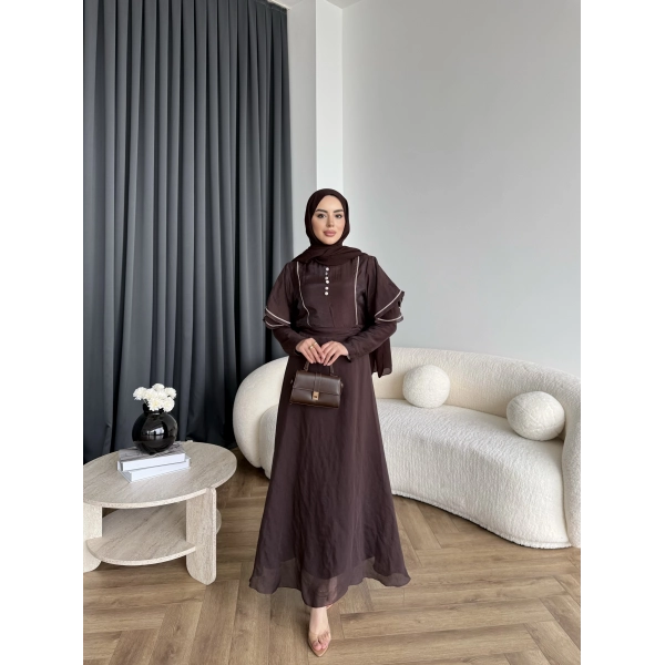 Fuş - Chic Nakış Detay Parlak Tensel Elbise - Kahve