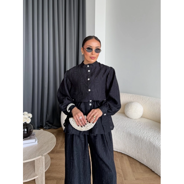 Pwn - Sashe Yaprak Desen Takım - Siyah