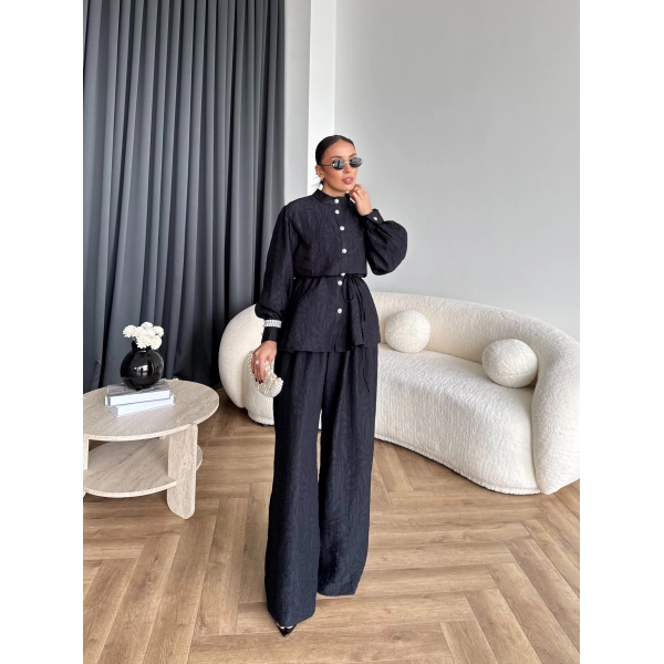 Pwn - Sashe Yaprak Desen Takım - Siyah