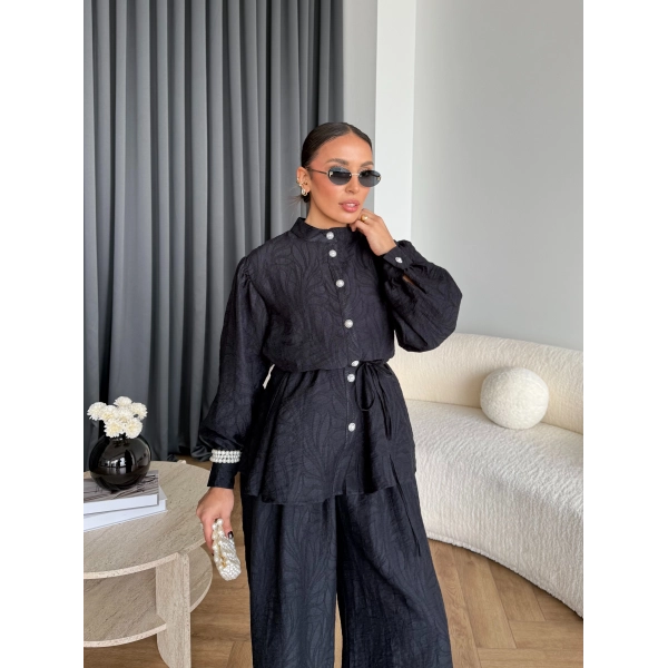 Pwn - Sashe Yaprak Desen Takım - Siyah