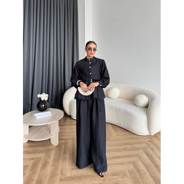 Pwn - Sashe Yaprak Desen Takım - Siyah