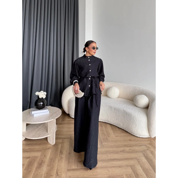 Pwn - Sashe Yaprak Desen Takım - Siyah