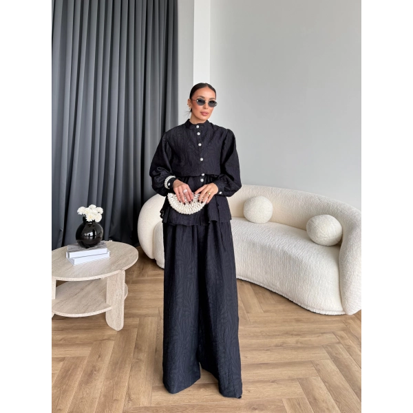 Pwn - Sashe Yaprak Desen Takım - Siyah