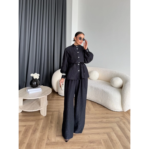 Pwn - Sashe Yaprak Desen Takım - Siyah