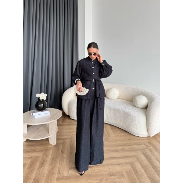 Pwn - Sashe Yaprak Desen Takım - Siyah