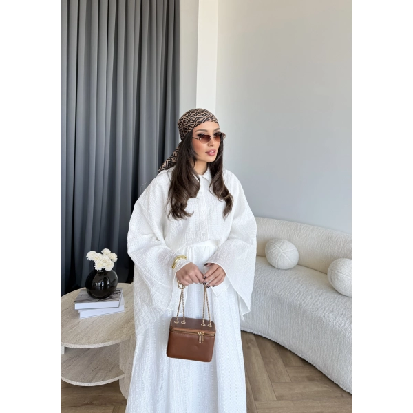 Qu - Yarasa Kol Brode Etekli Takım - Beyaz