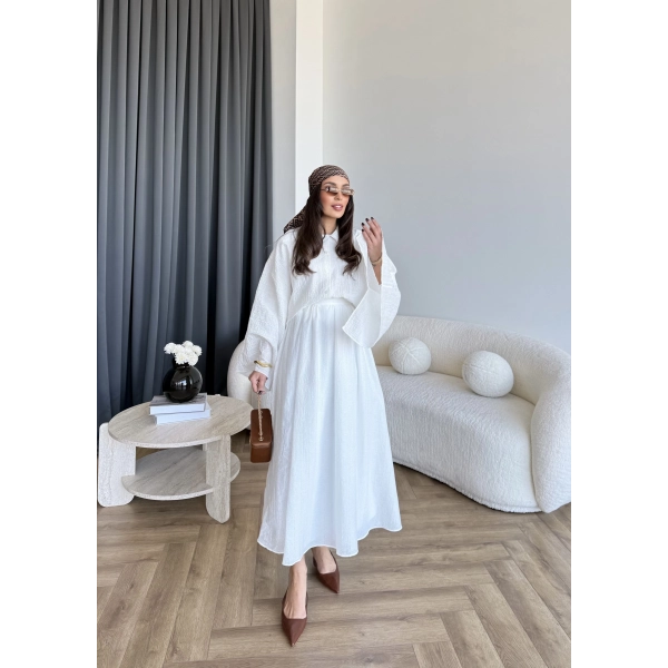 Qu - Yarasa Kol Brode Etekli Takım - Beyaz