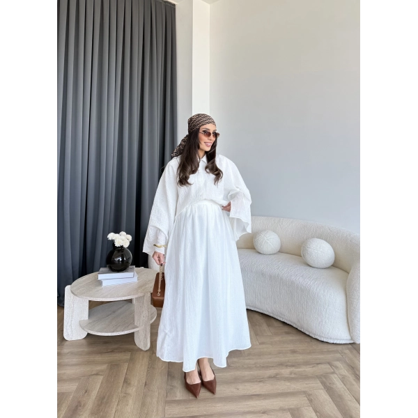 Qu - Yarasa Kol Brode Etekli Takım - Beyaz