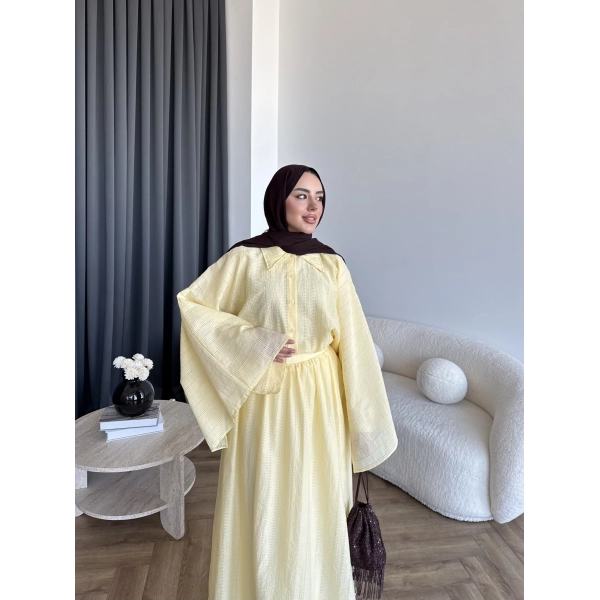 Qu - Yarasa Kol Brode Etekli Takım - Sarı