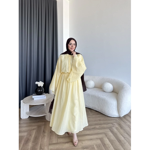 Qu - Yarasa Kol Brode Etekli Takım - Sarı