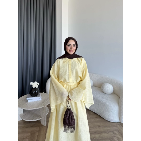 Qu - Yarasa Kol Brode Etekli Takım - Sarı