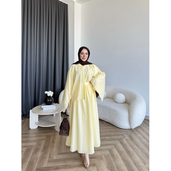 Qu - Yarasa Kol Brode Etekli Takım - Sarı