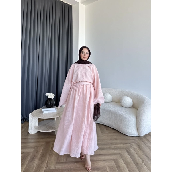 Qu - Yarasa Kol Brode Etekli Takım - Pembe