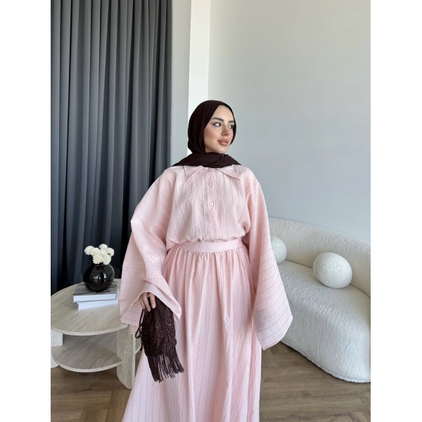 Qu - Yarasa Kol Brode Etekli Takım - Pembe