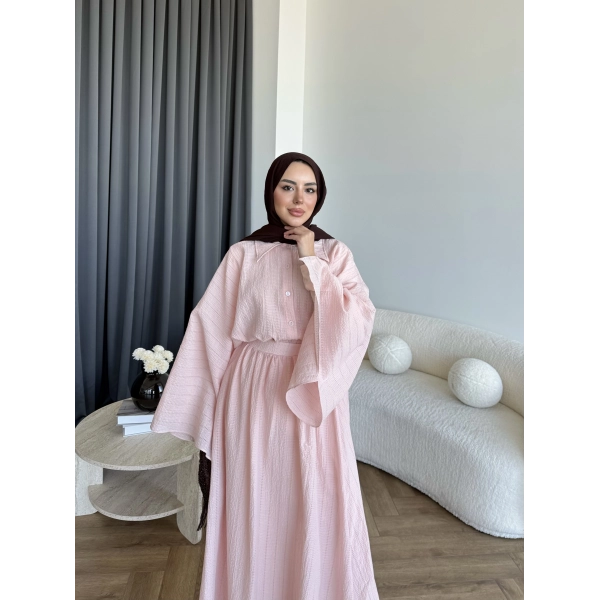 Qu - Yarasa Kol Brode Etekli Takım - Pembe