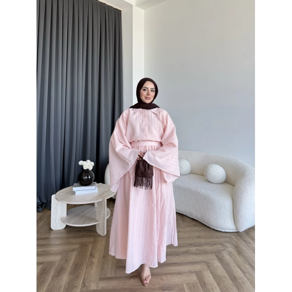 Qu - Yarasa Kol Brode Etekli Takım - Pembe