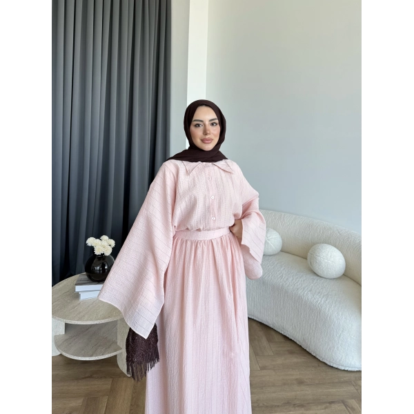 Qu - Yarasa Kol Brode Etekli Takım - Pembe