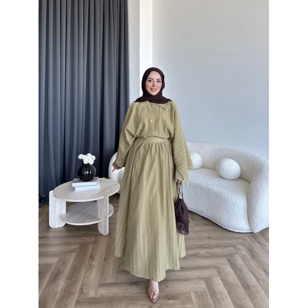 Qu - Yarasa Kol Brode Etekli Takım - Yağ Yeşili