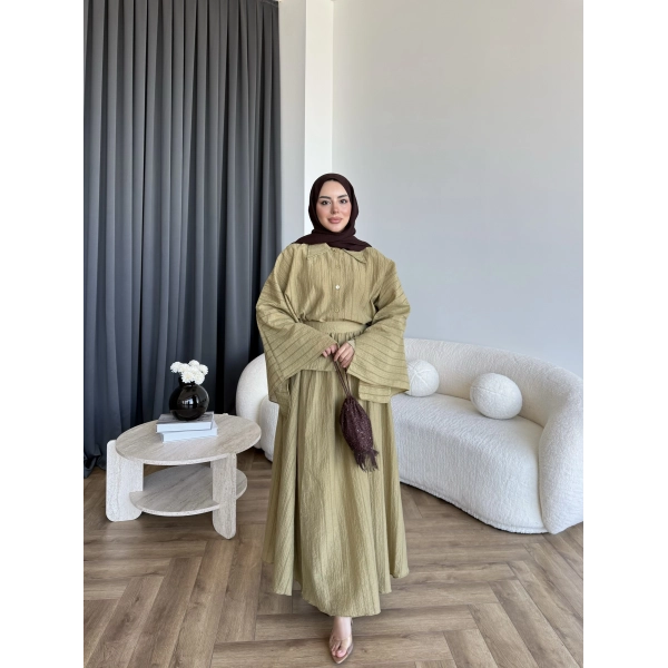 Qu - Yarasa Kol Brode Etekli Takım - Yağ Yeşili