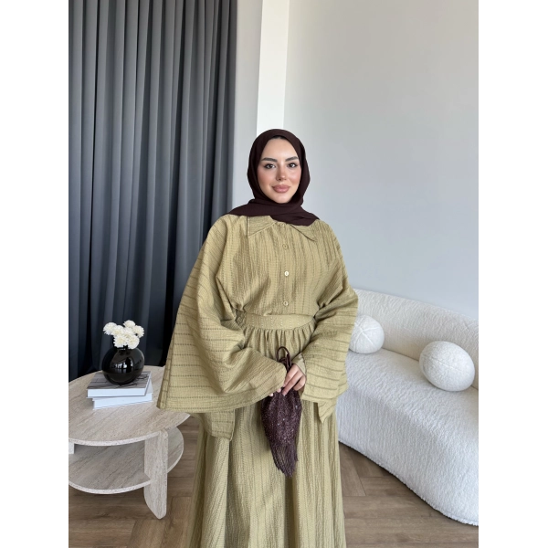 Qu - Yarasa Kol Brode Etekli Takım - Yağ Yeşili