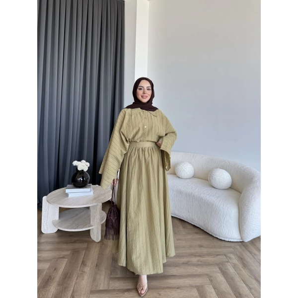 Qu - Yarasa Kol Brode Etekli Takım - Yağ Yeşili