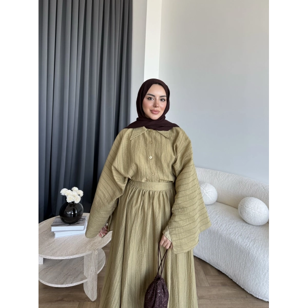 Qu - Yarasa Kol Brode Etekli Takım - Yağ Yeşili