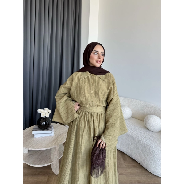 Qu - Yarasa Kol Brode Etekli Takım - Yağ Yeşili