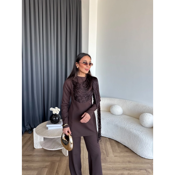 Fuş - Luxe Omuzu Püskül İpli Takım - Acı Kahve