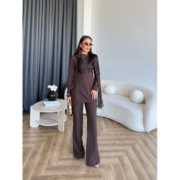 Fuş - Luxe Omuzu Püskül İpli Takım - Acı Kahve