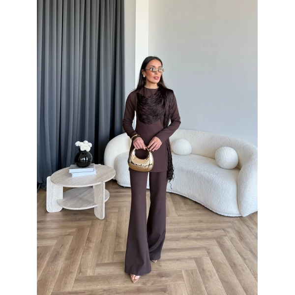 Fuş - Luxe Omuzu Püskül İpli Takım - Acı Kahve