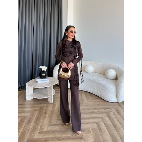 Fuş - Luxe Omuzu Püskül İpli Takım - Acı Kahve