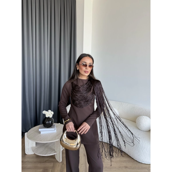 Fuş - Luxe Omuzu Püskül İpli Takım - Acı Kahve
