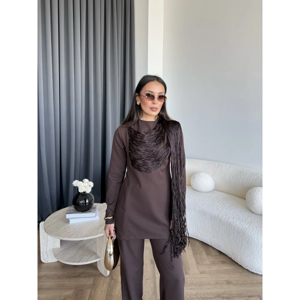 Fuş - Luxe Omuzu Püskül İpli Takım - Acı Kahve