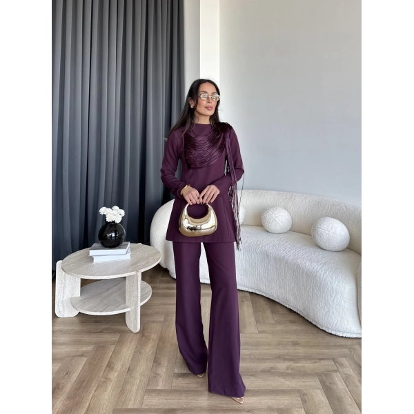 Fuş - Luxe Omuzu Püskül İpli Takım - Bordo