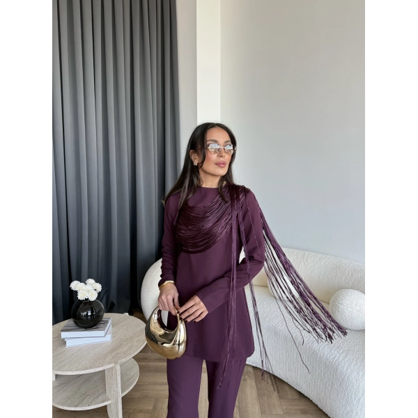 Fuş - Luxe Omuzu Püskül İpli Takım - Bordo