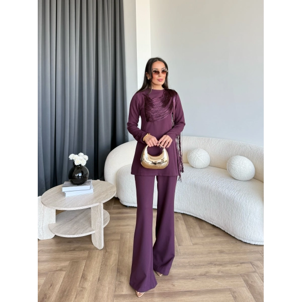 Fuş - Luxe Omuzu Püskül İpli Takım - Bordo