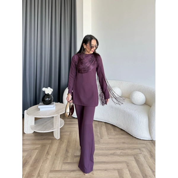 Fuş - Luxe Omuzu Püskül İpli Takım - Bordo