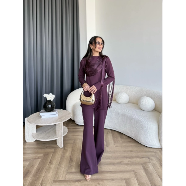 Fuş - Luxe Omuzu Püskül İpli Takım - Bordo