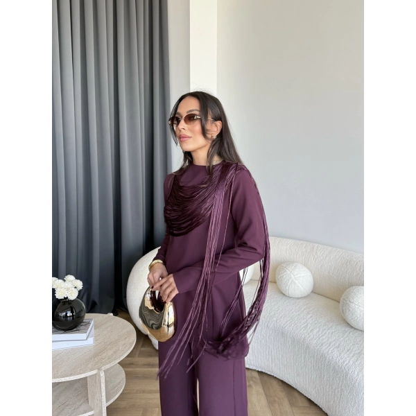 Fuş - Luxe Omuzu Püskül İpli Takım - Bordo