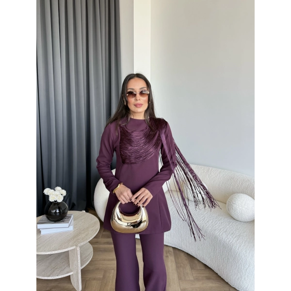 Fuş - Luxe Omuzu Püskül İpli Takım - Bordo