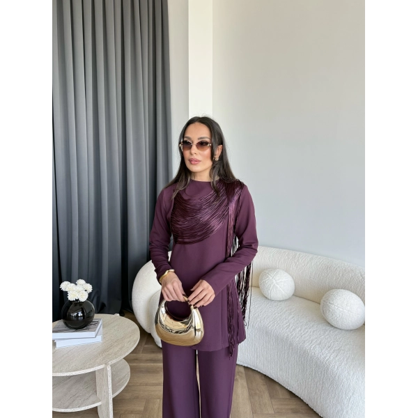 Fuş - Luxe Omuzu Püskül İpli Takım - Bordo