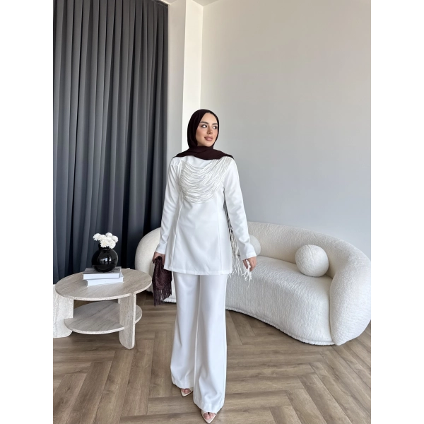 Fuş - Luxe Omuzu Püskül İpli Takım - Beyaz