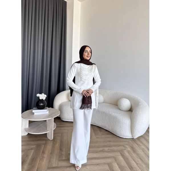 Fuş - Luxe Omuzu Püskül İpli Takım - Beyaz