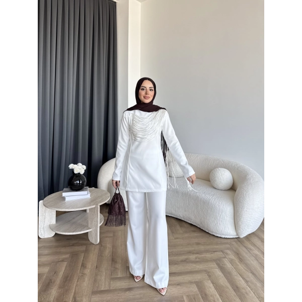 Fuş - Luxe Omuzu Püskül İpli Takım - Beyaz