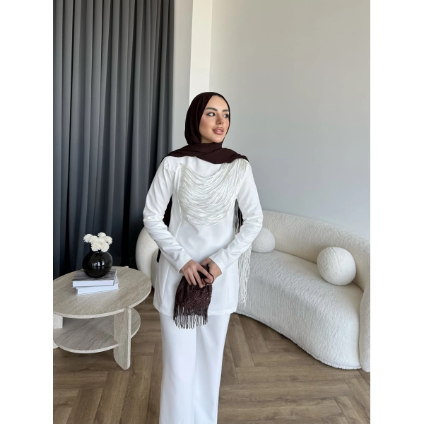 Fuş - Luxe Omuzu Püskül İpli Takım - Beyaz