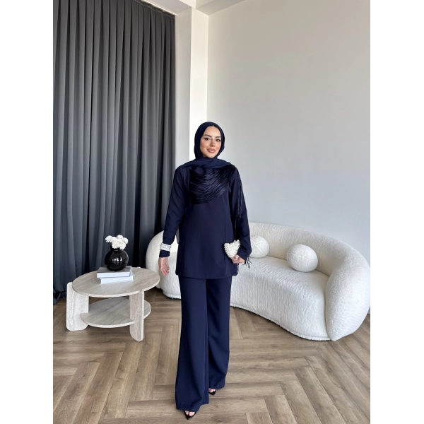 Fuş - Luxe Omuzu Püskül İpli Takım - Lacivert