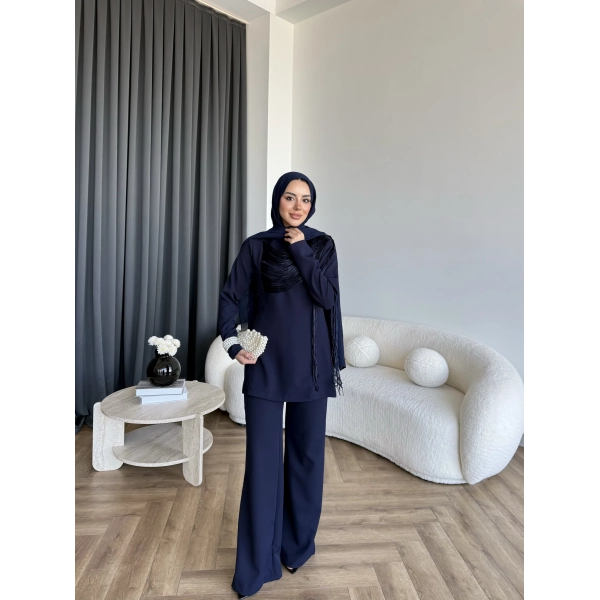 Fuş - Luxe Omuzu Püskül İpli Takım - Lacivert