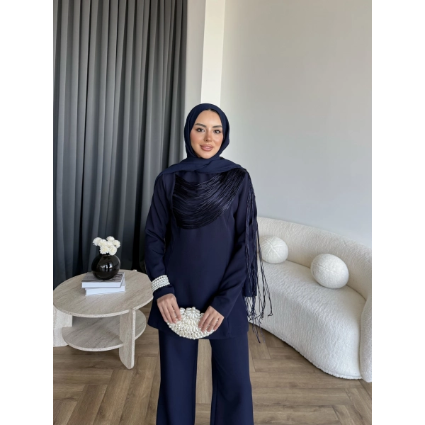 Fuş - Luxe Omuzu Püskül İpli Takım - Lacivert